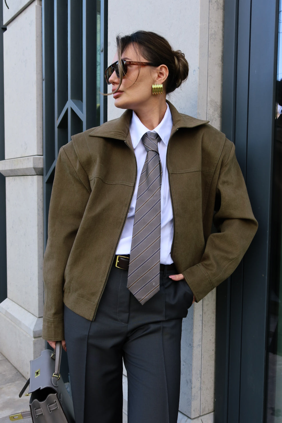 STRUCTURED BOMBER JACKET WITH KHAKI SHOULDER PADS