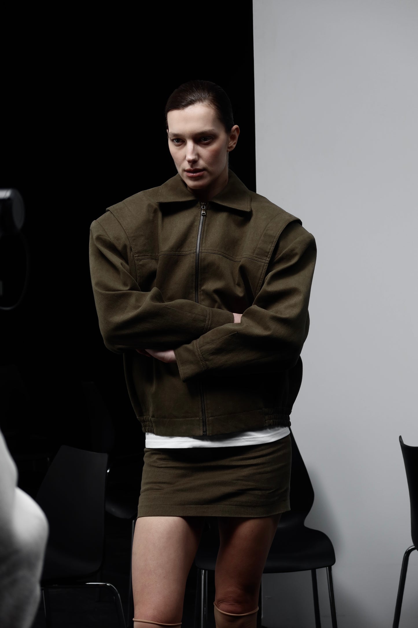 STRUCTURED BOMBER JACKET WITH KHAKI SHOULDER PADS