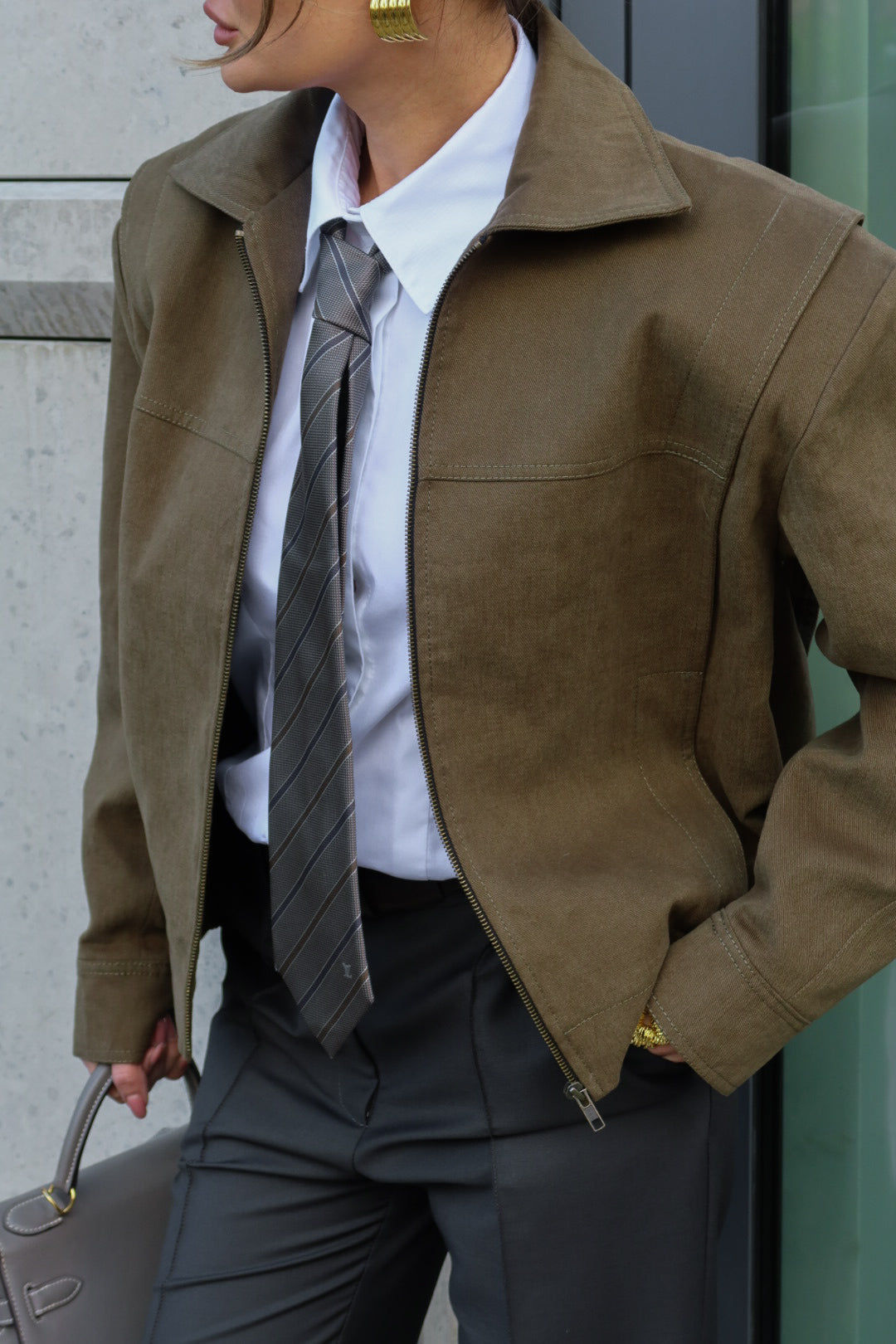STRUCTURED BOMBER JACKET WITH KHAKI SHOULDER PADS